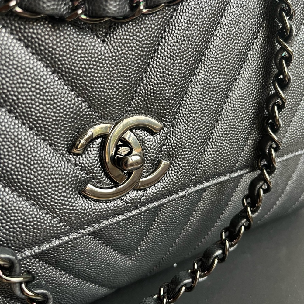 CHANEL Caviar Chevron Quilted Small Coco Handle Flap So Black